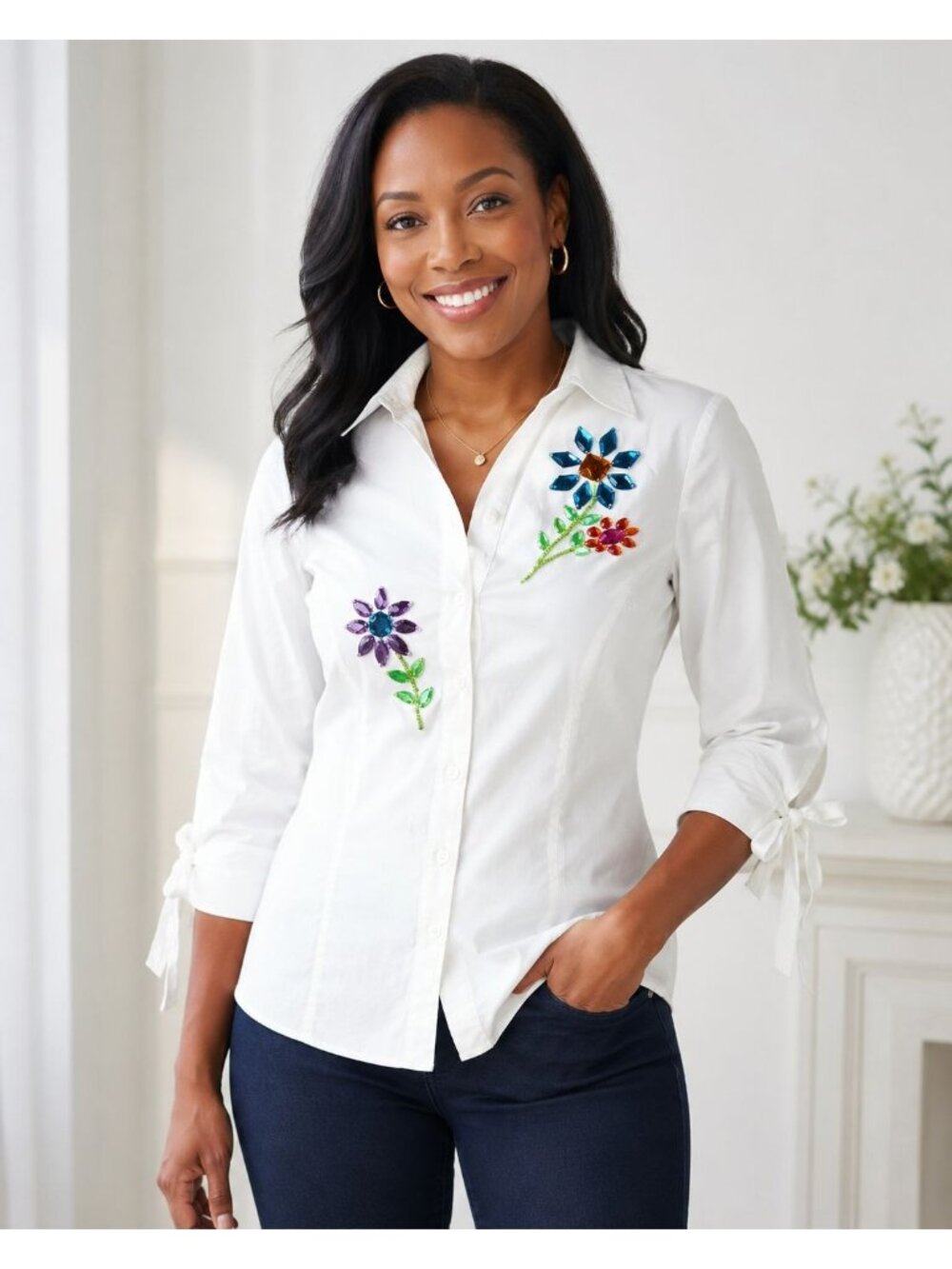 Christine Phillipe White Beaded Floral Embroidered Button Down Blouse 8